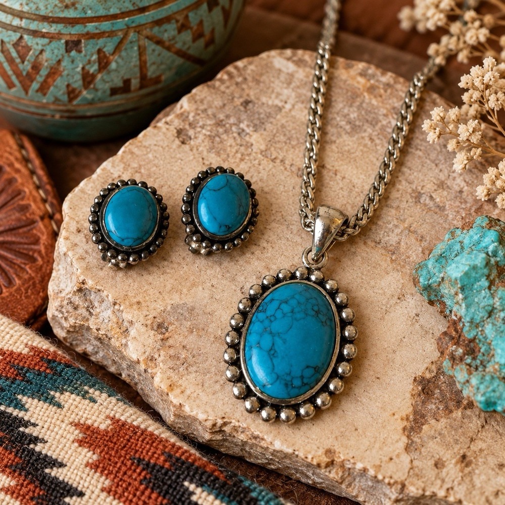 Vintage Faux Turquoise Necklace Clip On Earrings Set Southwestern Boho 18"